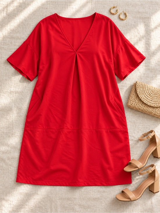 H by Halston Other - H Halston Red V Neck Shift Dress Medium Pleated Front Short Sleeve Pockets